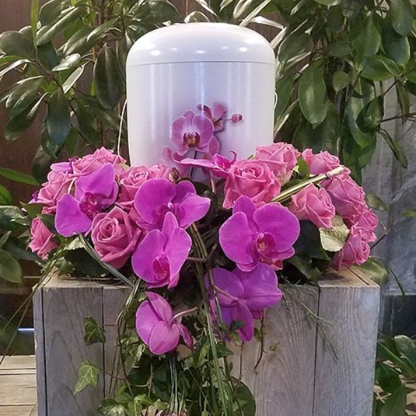 Urnenschmuck pink Rosen und Orchidee Bild 1